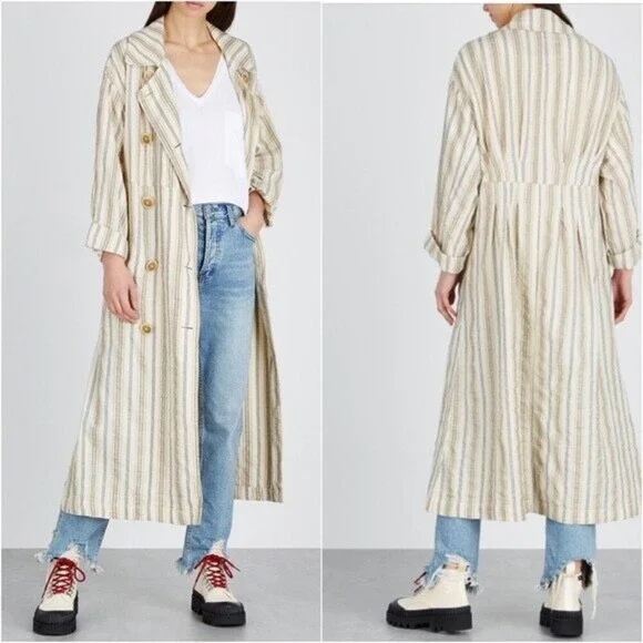 Free People Sweet Melody Natural Stripe Trench Coat In Neutral Combo Size S $280 - Picture 3 of 9